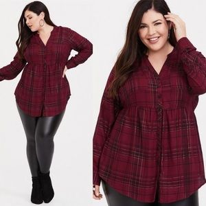 Womens High-low Burgundy Plaid Button-Front Peplum Shirt